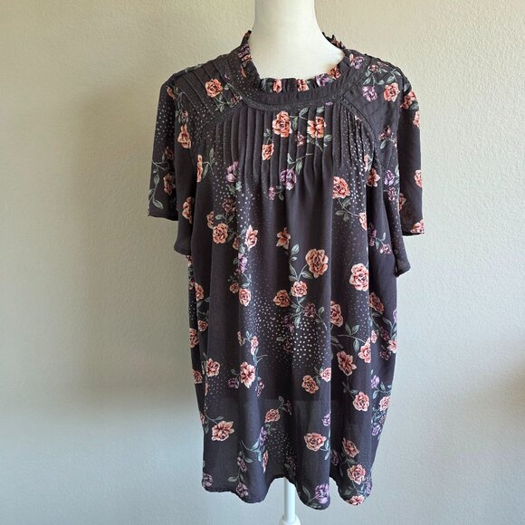 Torrid Chiffon Floral Blouse Lace Trim Pleated Flutter Sleeve Ruffle Plus Size 2 - Picture 1 of 9